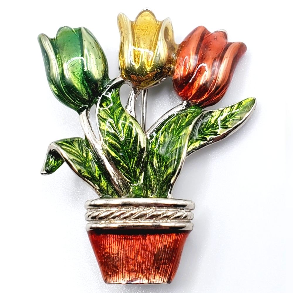 Vintage flower pot tulips brooch pin 80's 90's excellent condition beautiful